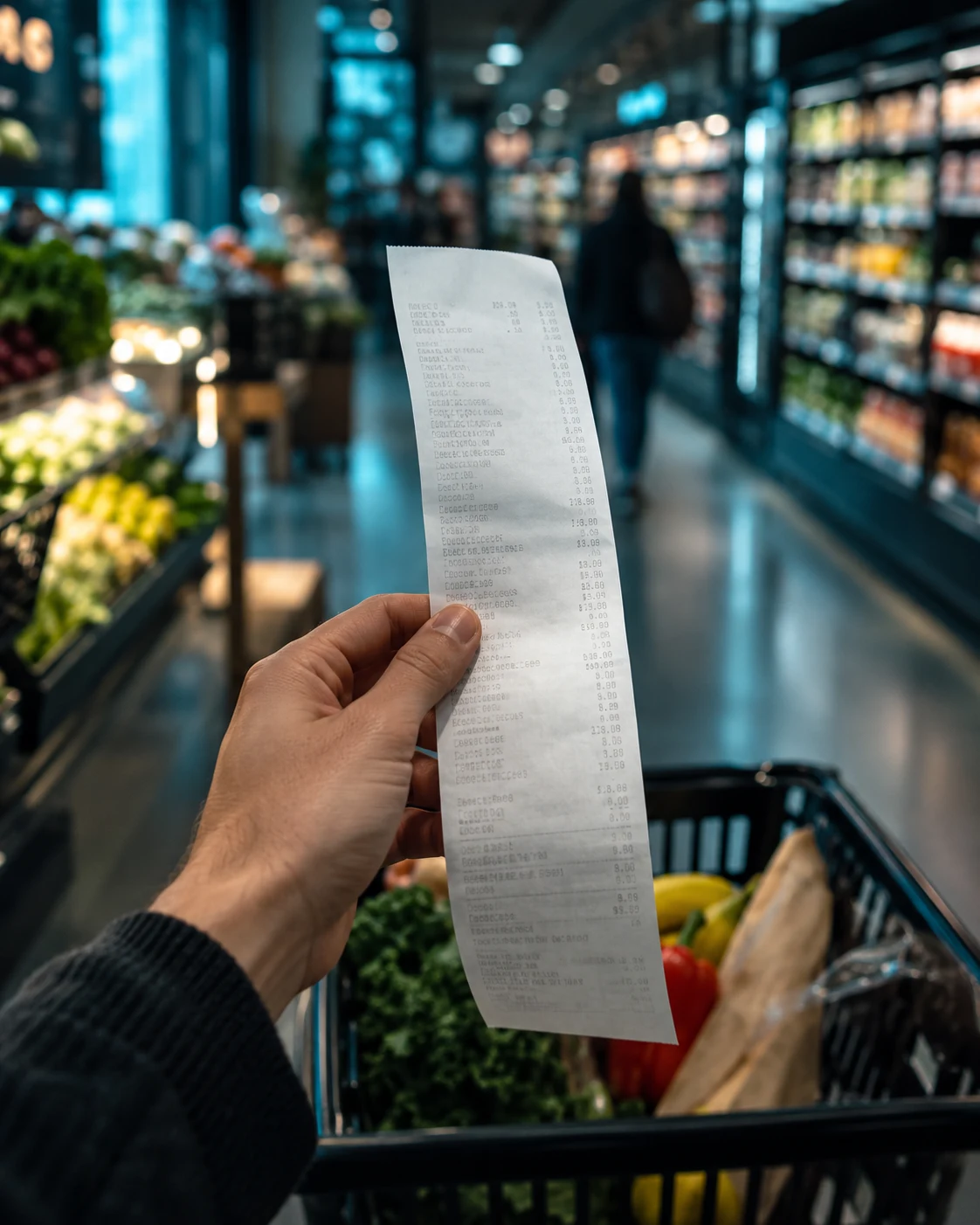 Shopper holding a purchase receipt in a grocery store